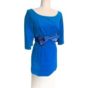 Vintage Velvet  Elegant Blue Dress with  Bow Belt